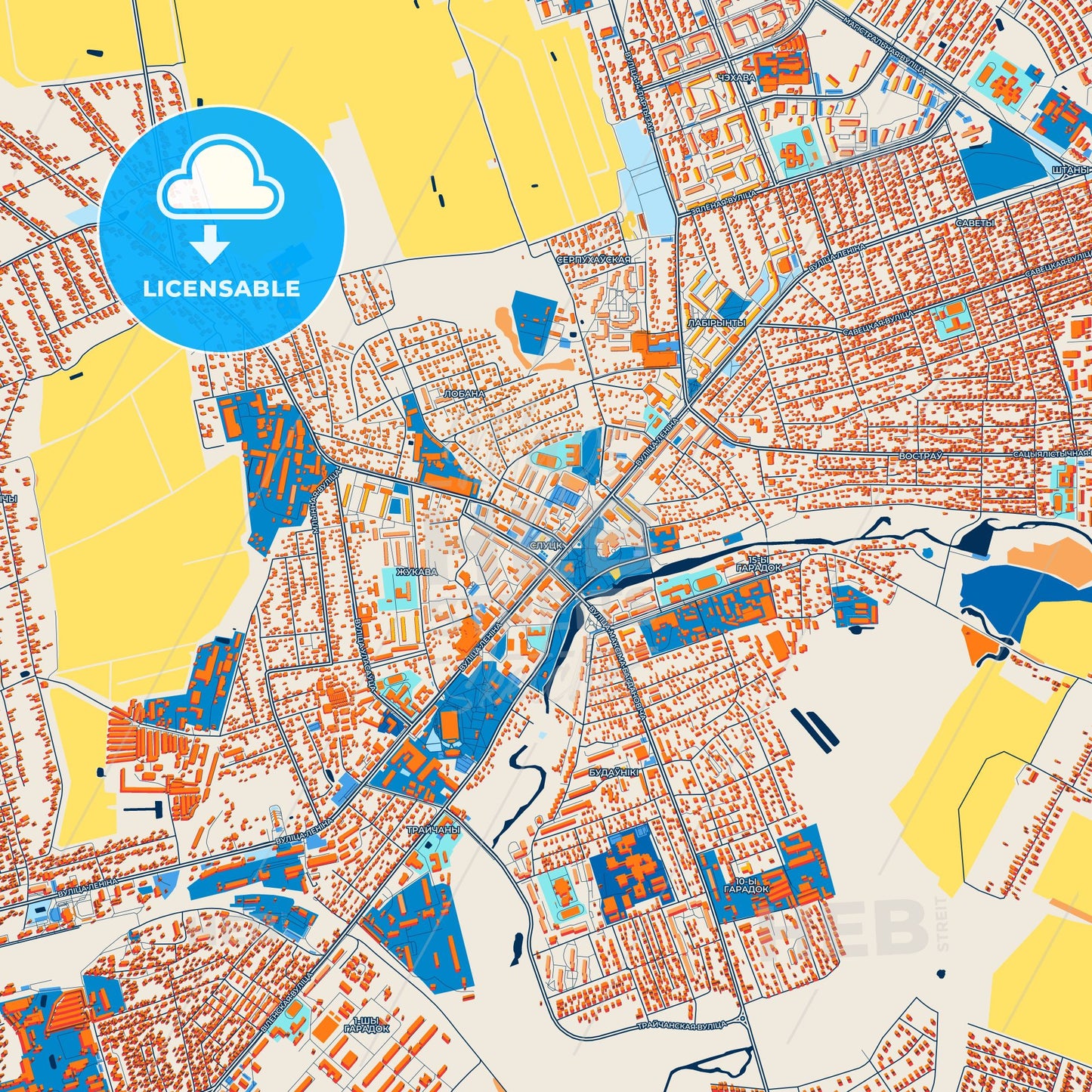 Colorful Slutsk Street Map with Labels and Buildings