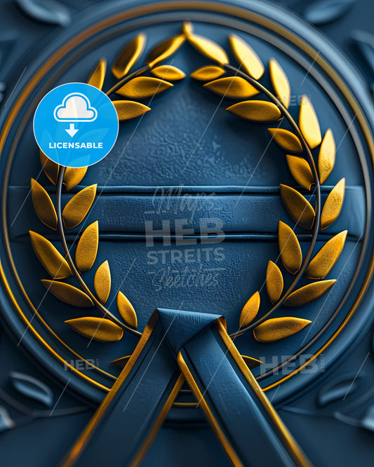 3D Laurel Wreath Icon, Blue and Gold, Excellence Ribbon, White Background, Transparent PNG, Painting Art
