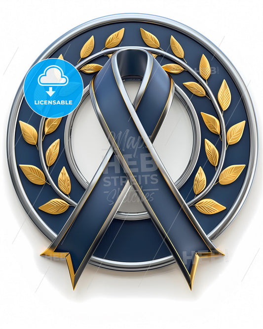 3d illustration icon of a blue ribbon with gold laurel wreath on white background, transparent PNG, painting