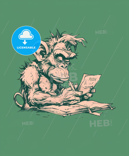 Painting: Animated Gif Monkey Writing Book, Gadgetpunk, Green, Chromatic, Text Based, Creepypasta