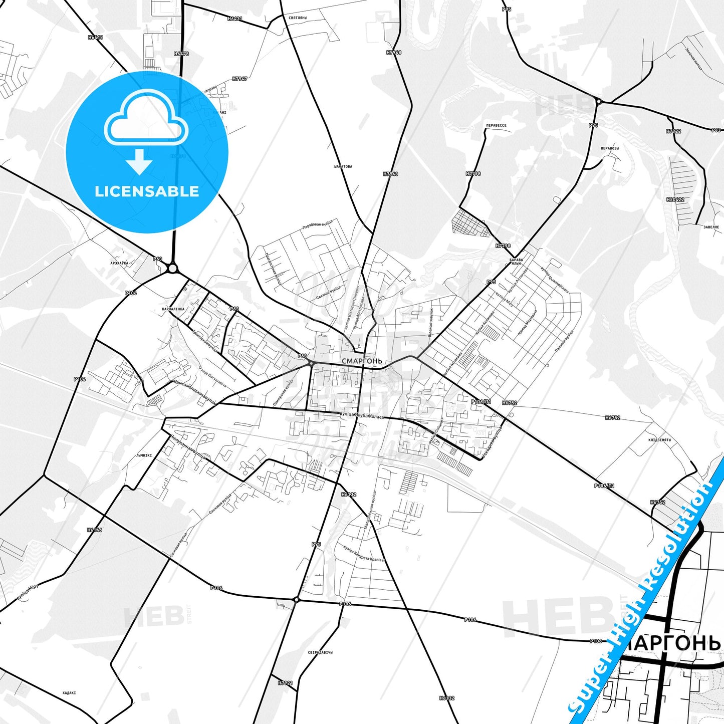Smarhon, Belarus Light Map with Street Names, City Names, and Districts