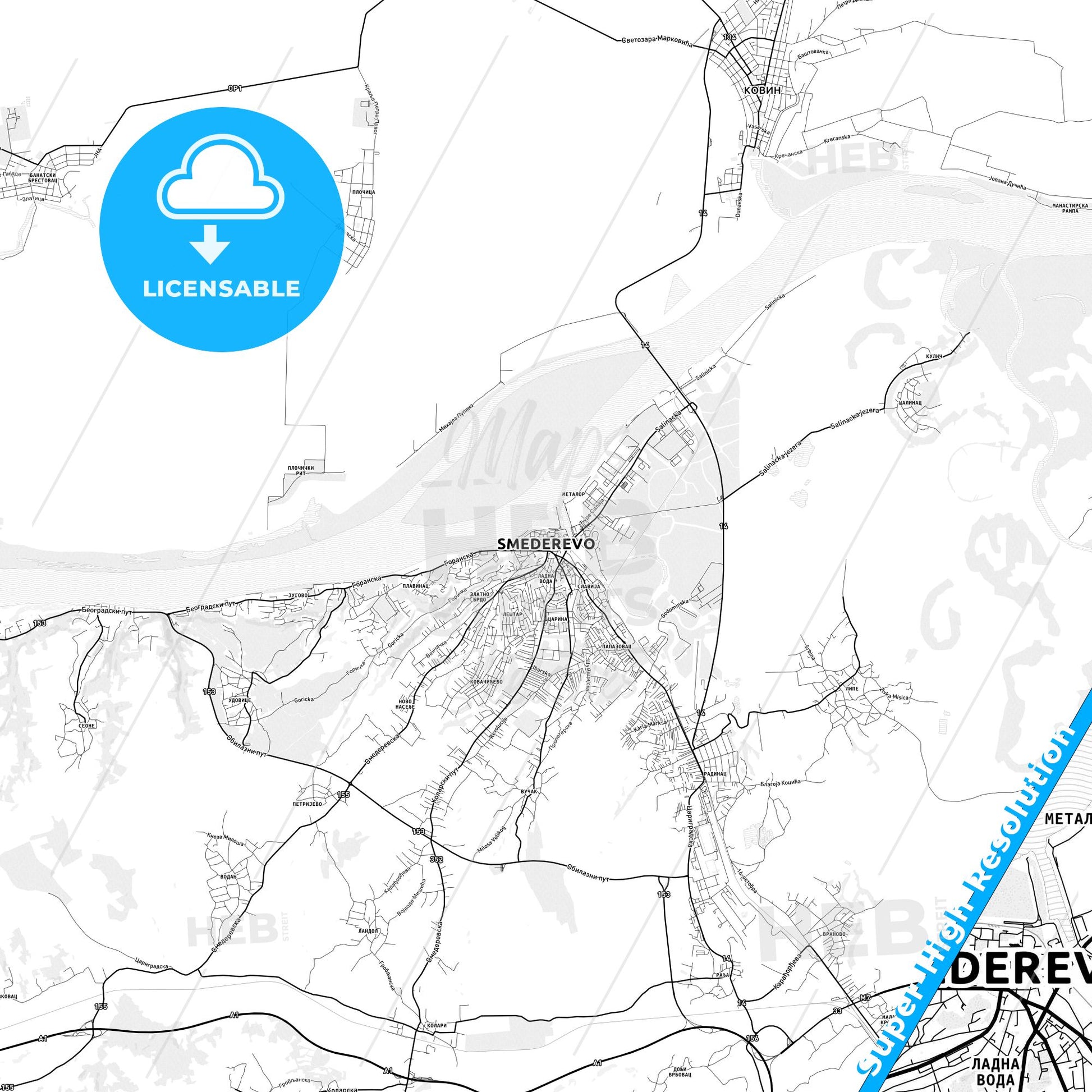 Smederevo, Serbia light map with streetnames, citynames and districts