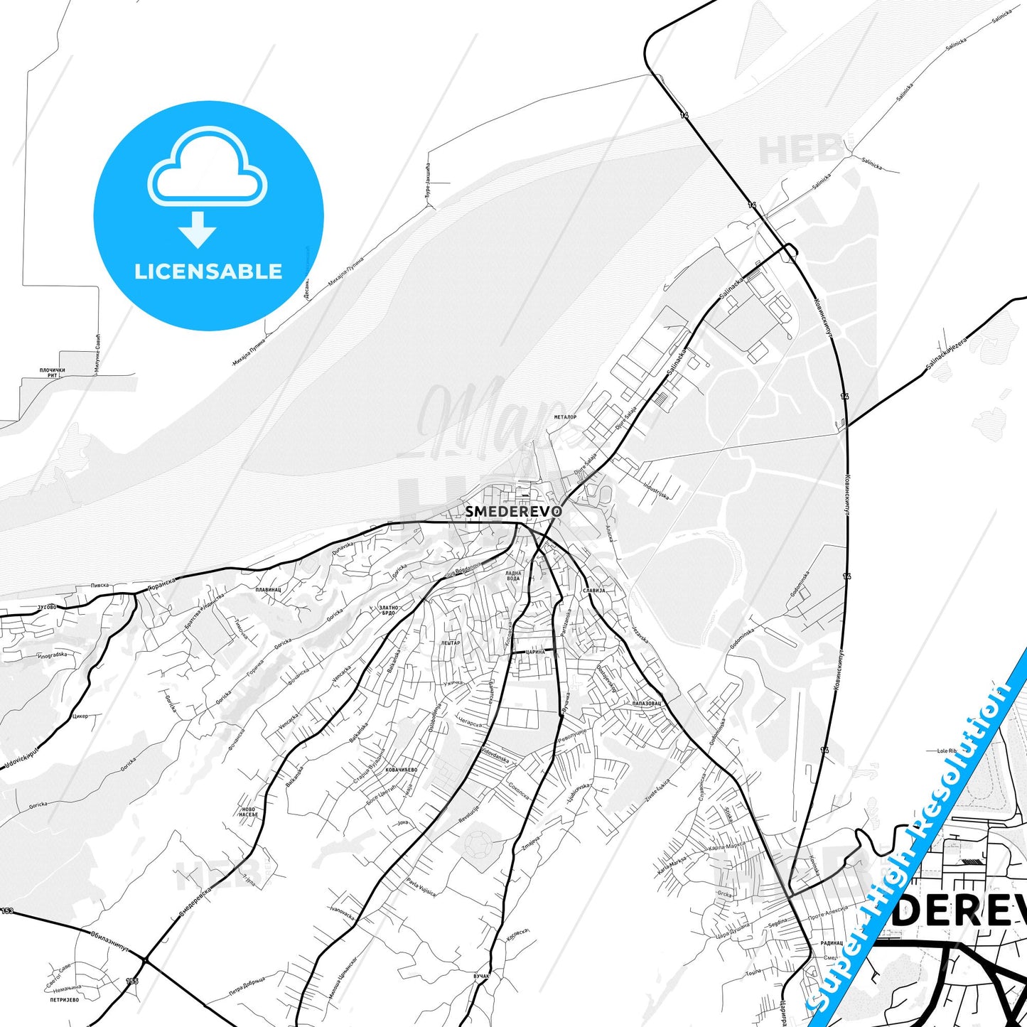Smederevo, Serbia Light Map with Street Names, City Names, and Districts