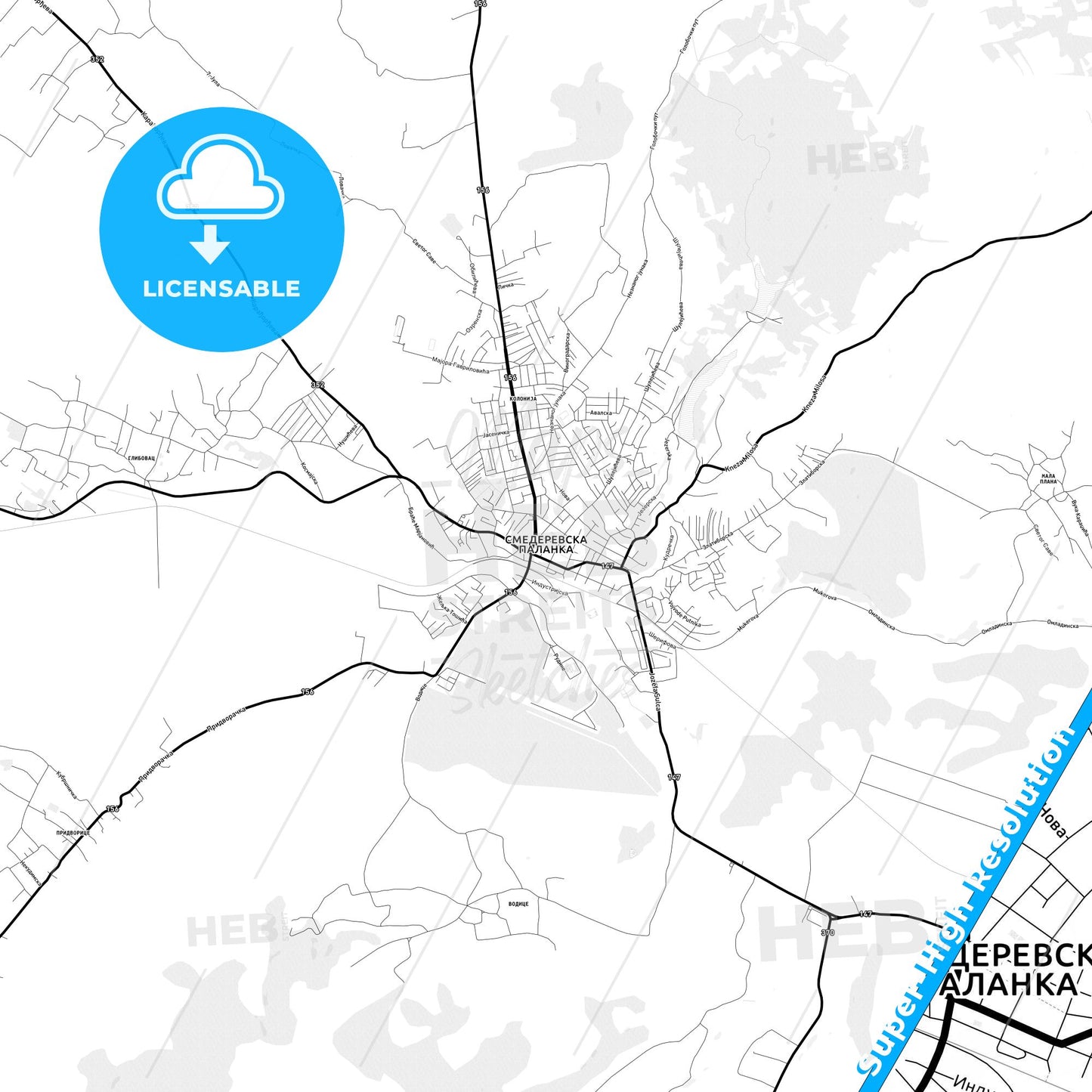 Smederevska Palanka, Serbia Light Map with Street Names, City Names, and Districts