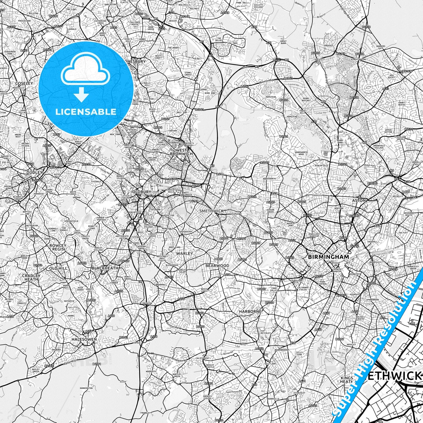 Smethwick, England light map with streetnames, citynames and districts