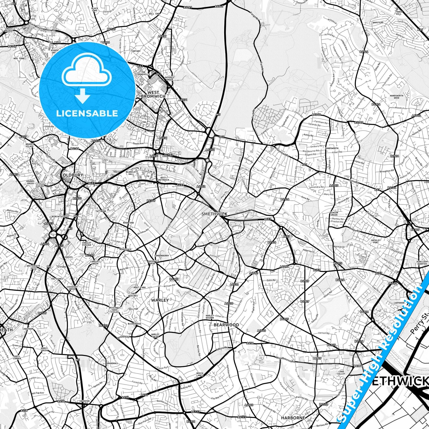 Smethwick, England Light Map with Street Names, City Names, and Districts