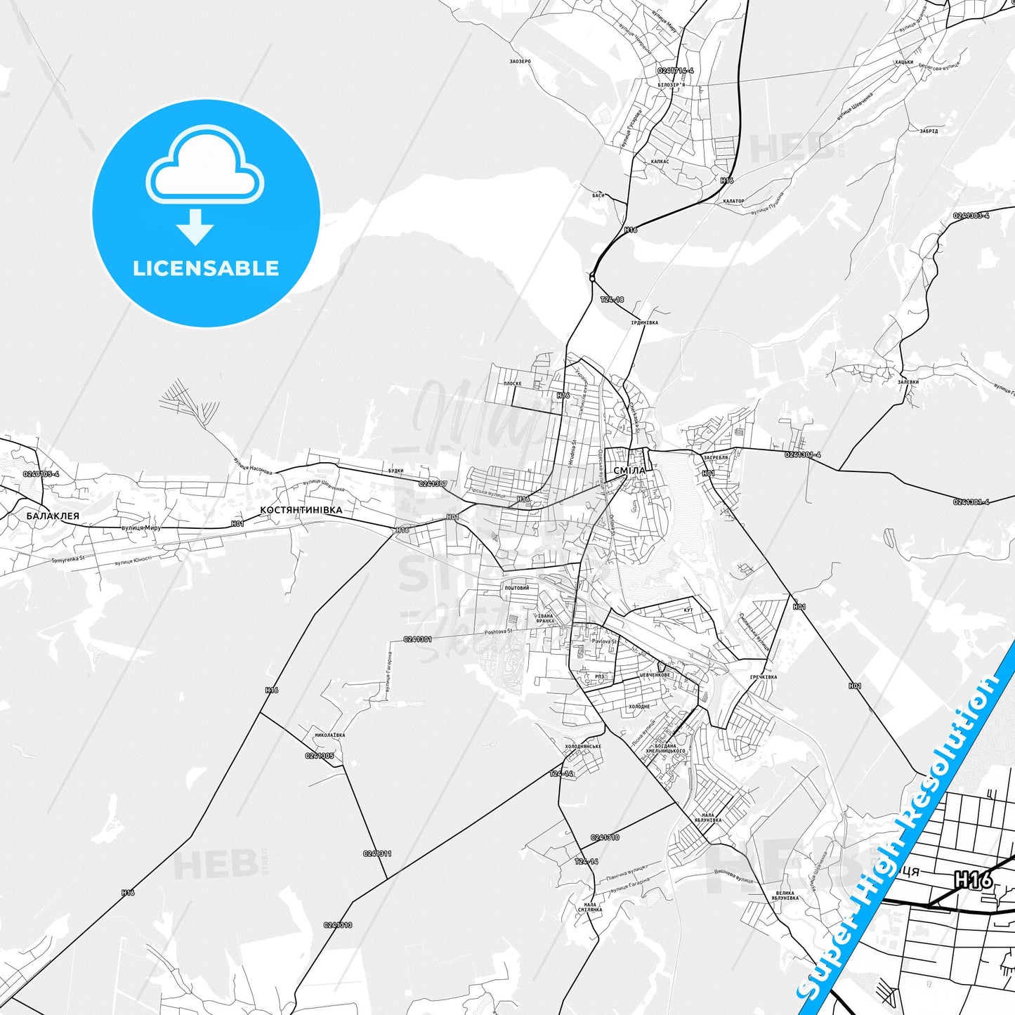 Smila, Ukraine light map with streetnames, citynames and districts