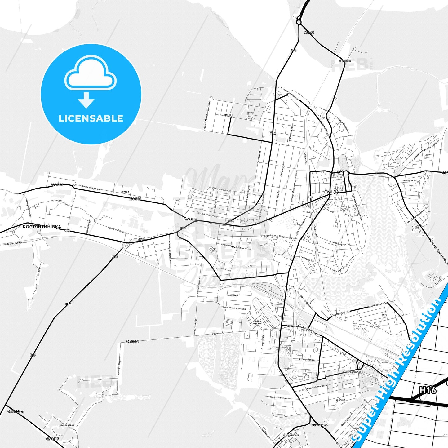 Smila, Ukraine Light Map with Street Names, City Names, and Districts