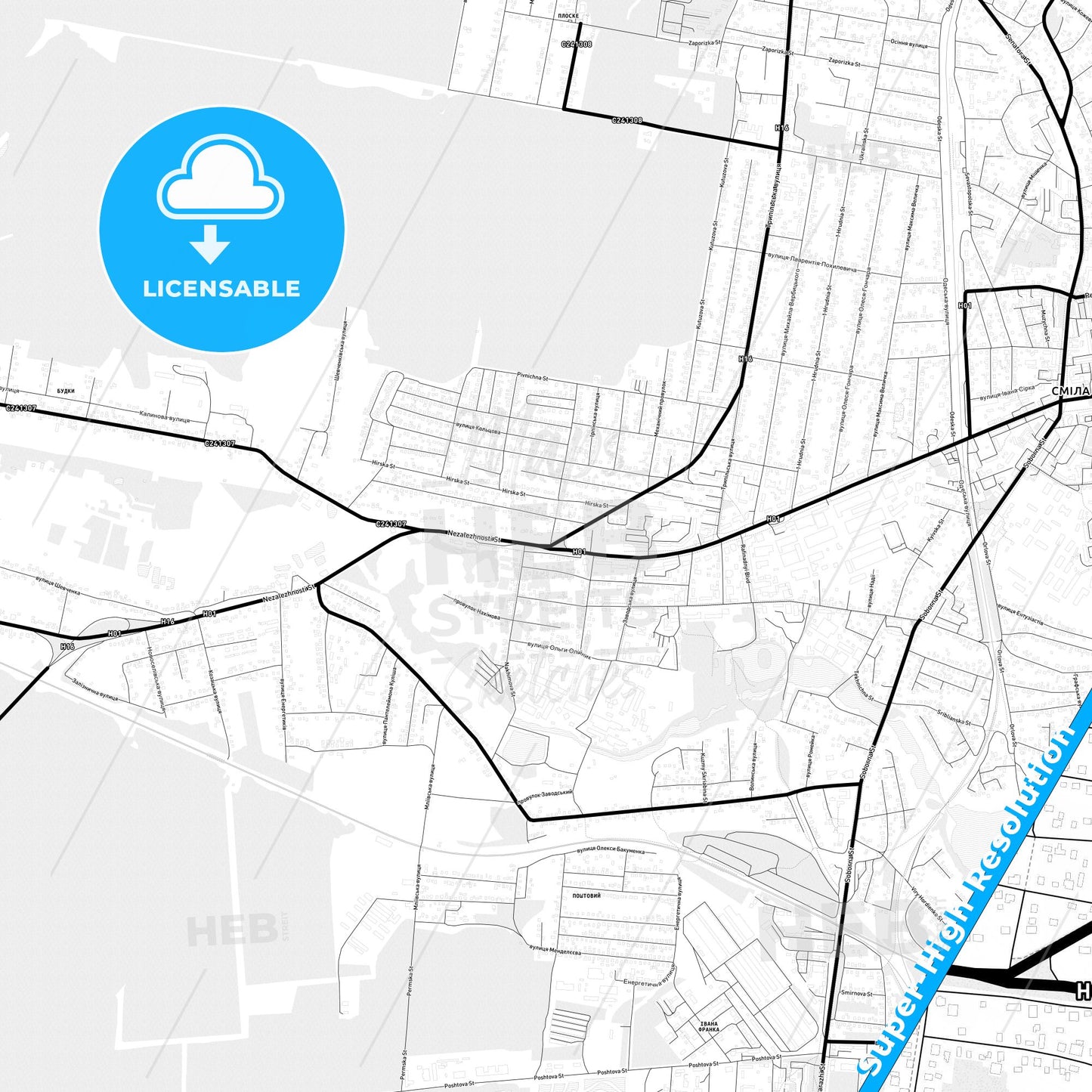 Smila, Ukraine Light Map with Street Names, City Names, and Districts