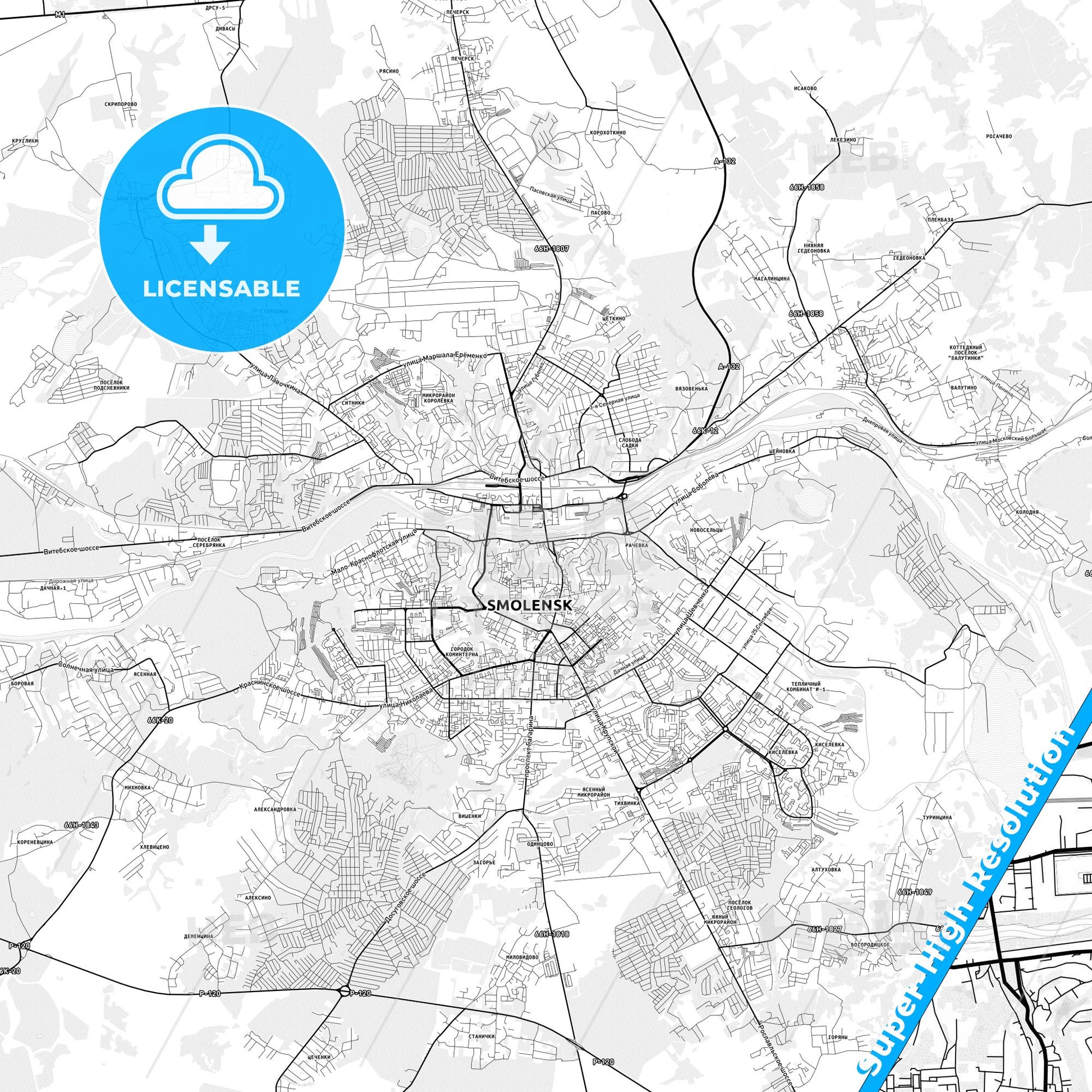 Smolensk, Russia light map with streetnames, citynames and districts