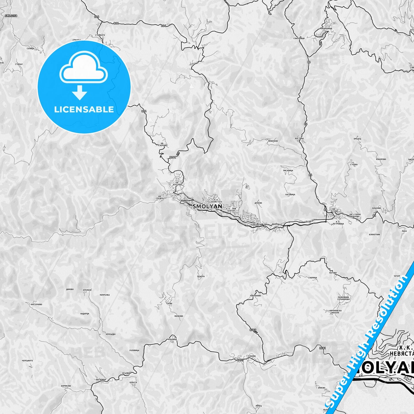 Smolyan, Bulgaria light map with streetnames, citynames and districts