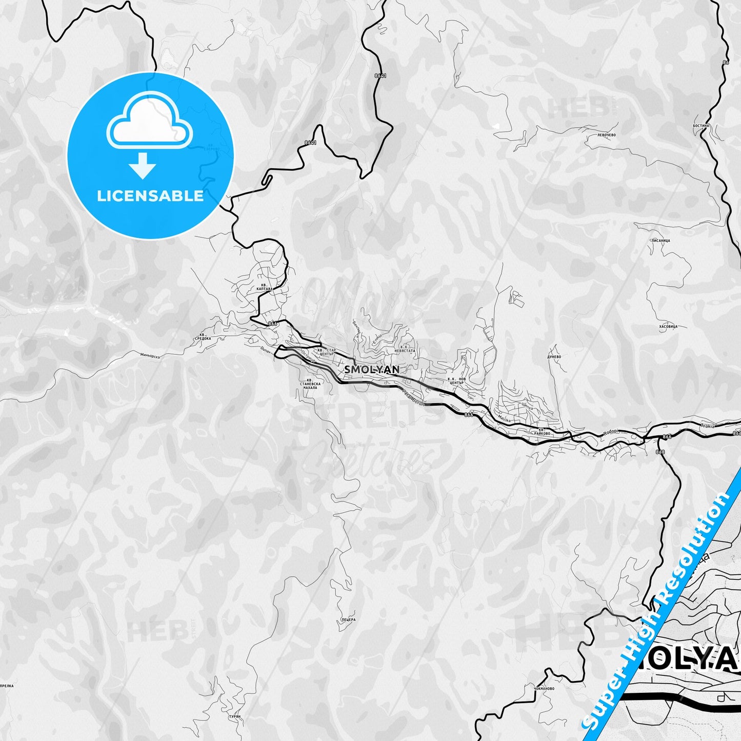 Smolyan, Bulgaria Light Map with Street Names, City Names, and Districts