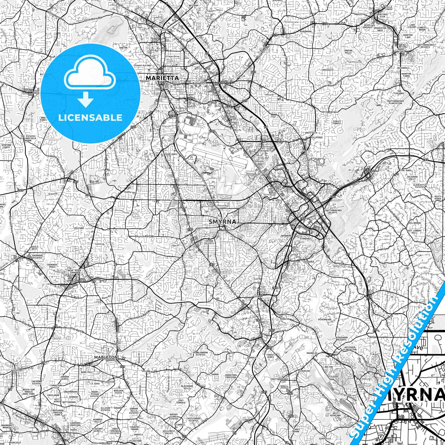 Smyrna, Georgia light map with streetnames, citynames and districts