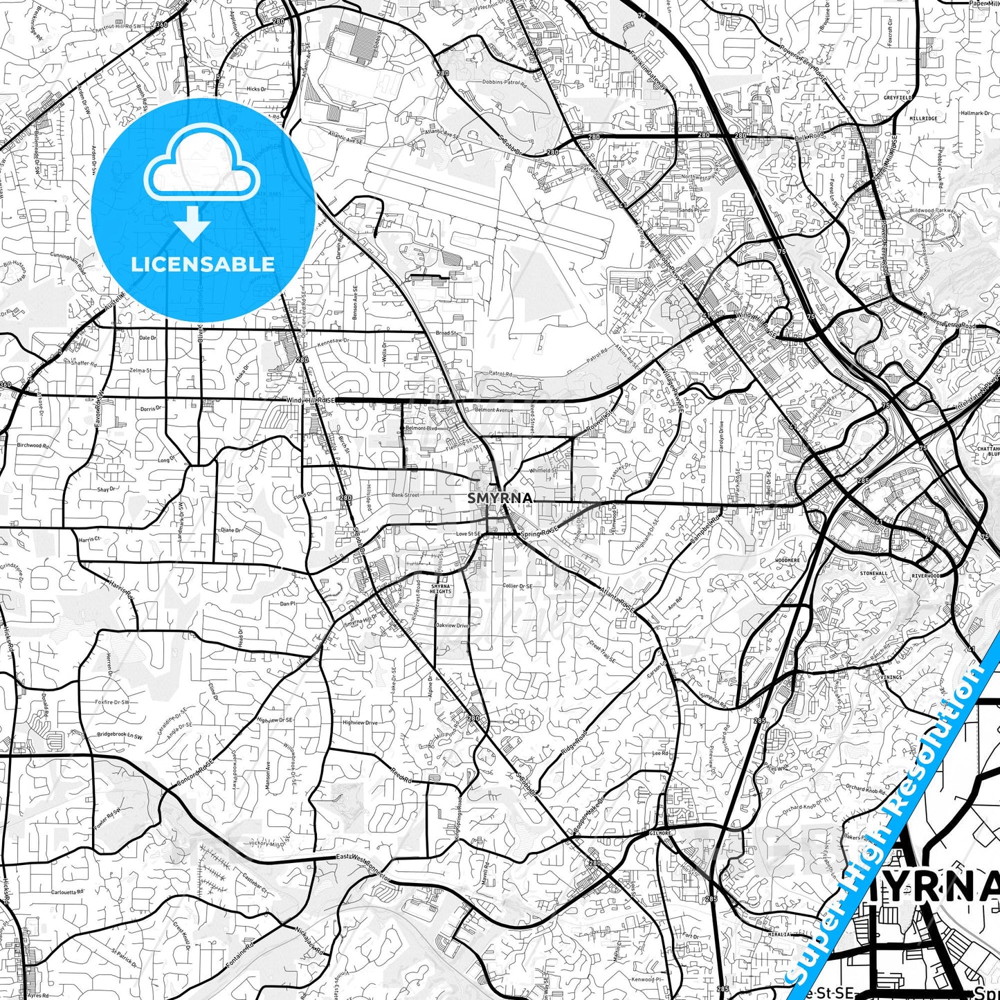Smyrna, Georgia Light Map with Street Names, City Names, and Districts