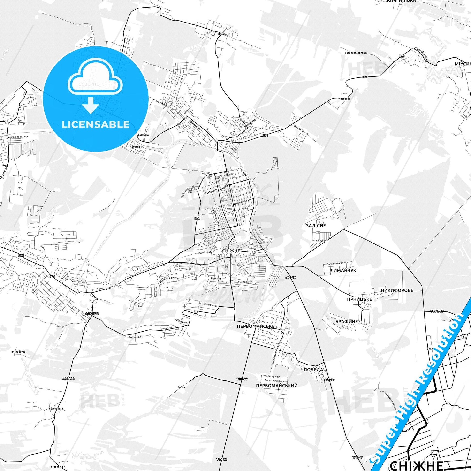 Snizhne, Ukraine light map with streetnames, citynames and districts
