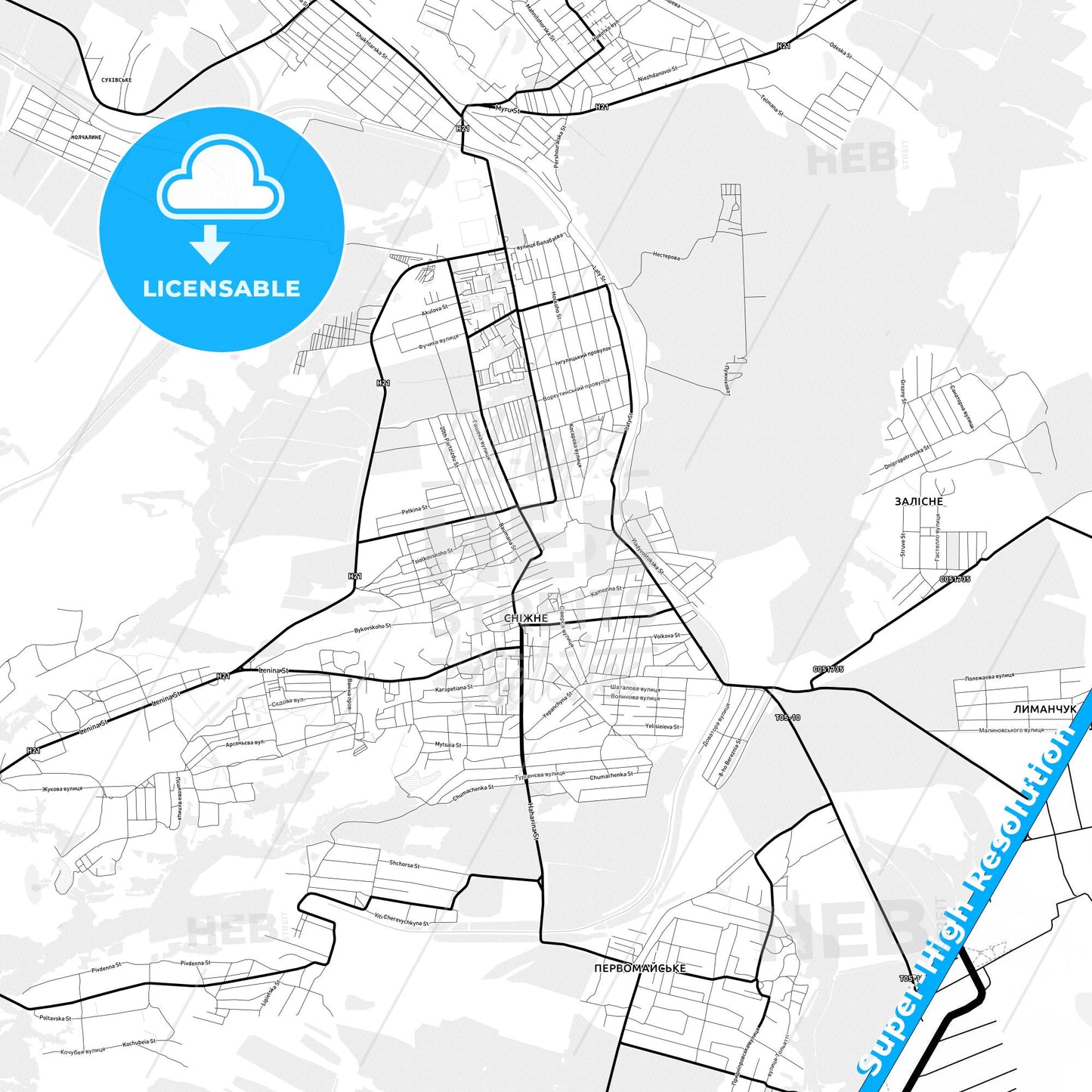 Snizhne, Ukraine Light Map with Street Names, City Names, and Districts