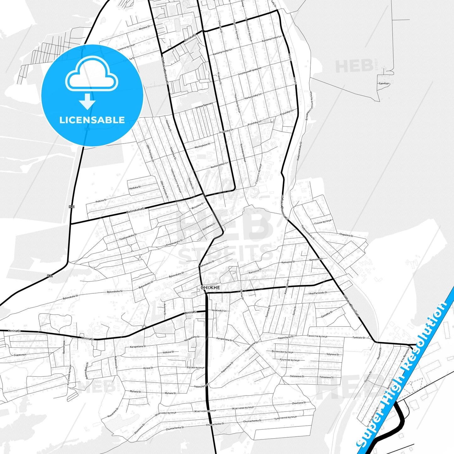 Snizhne, Ukraine Light Map with Street Names, City Names, and Districts