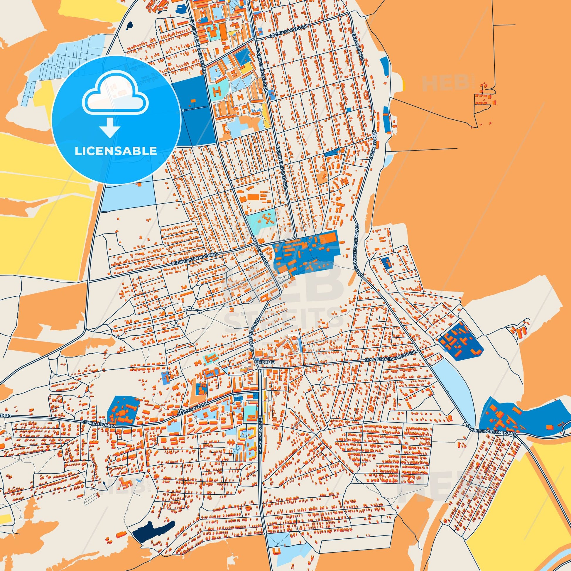 Colorful Snizhne Street Map with Labels and Buildings
