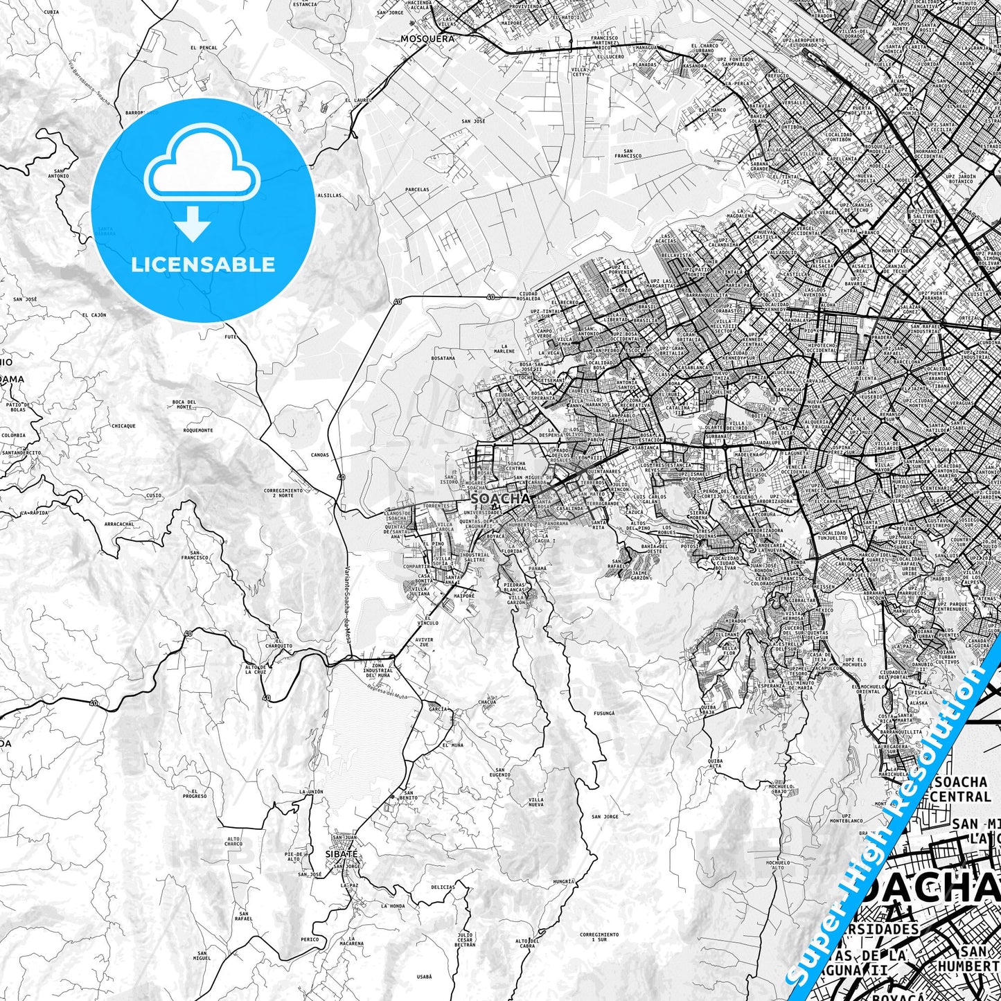 Soacha, Colombia light map with streetnames, citynames and districts