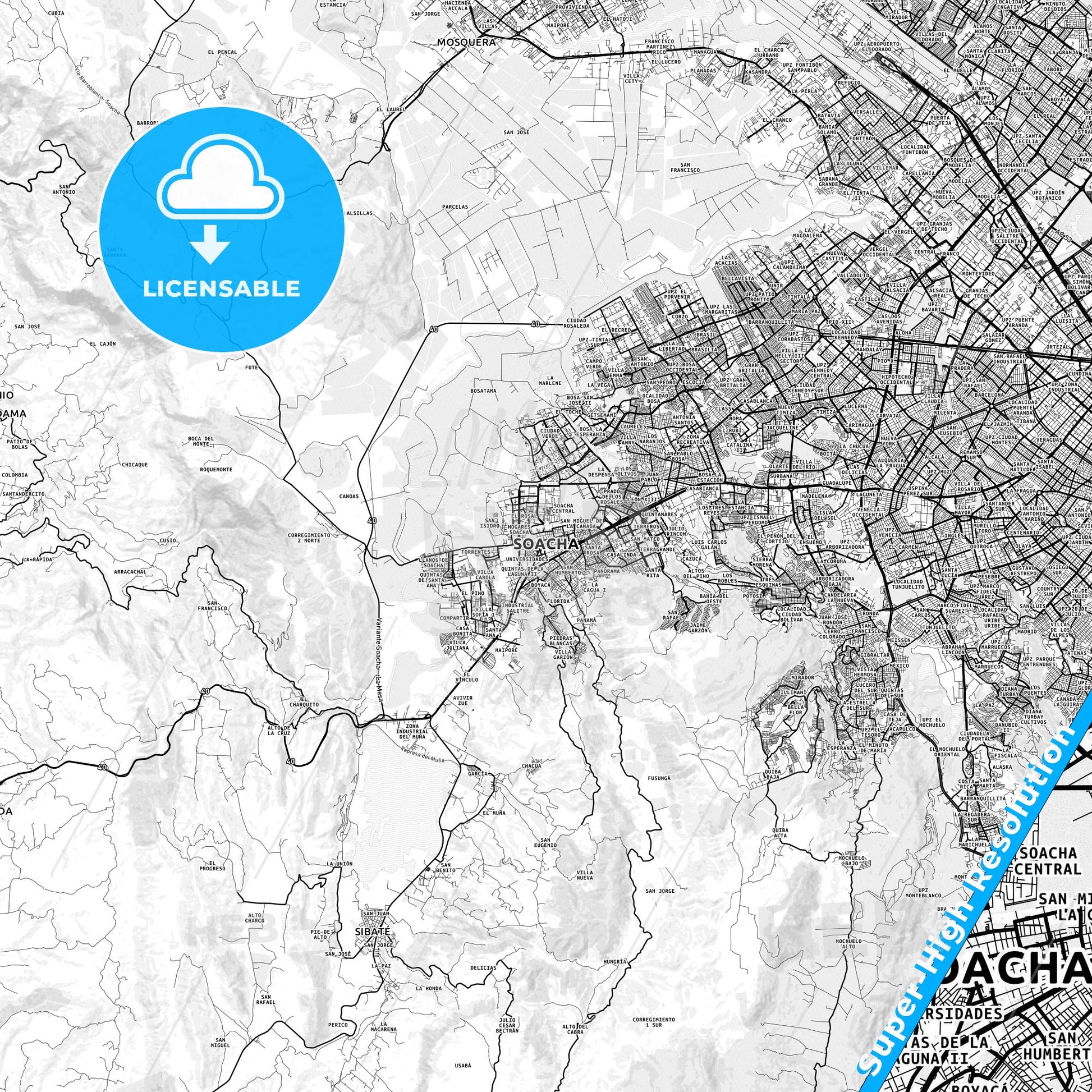 Soacha, Colombia light map with streetnames, citynames and districts
