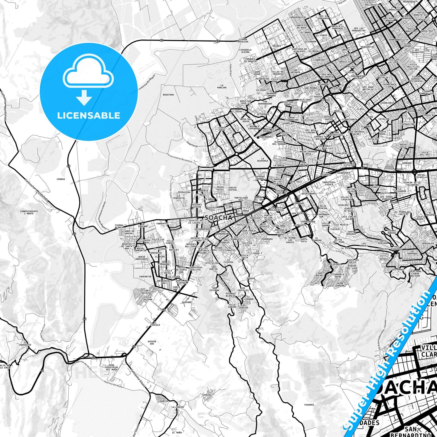 Soacha, Colombia Light Map with Street Names, City Names, and Districts