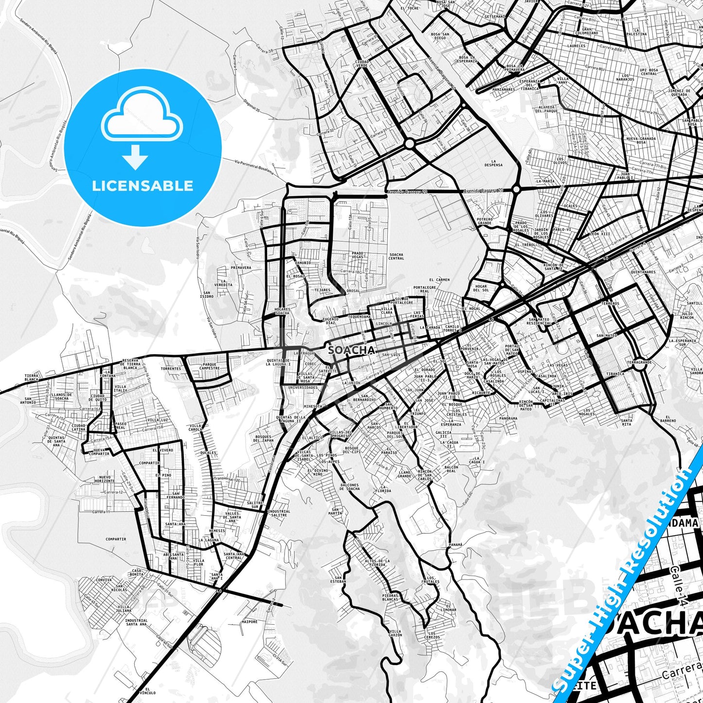 Soacha, Colombia Light Map with Street Names, City Names, and Districts