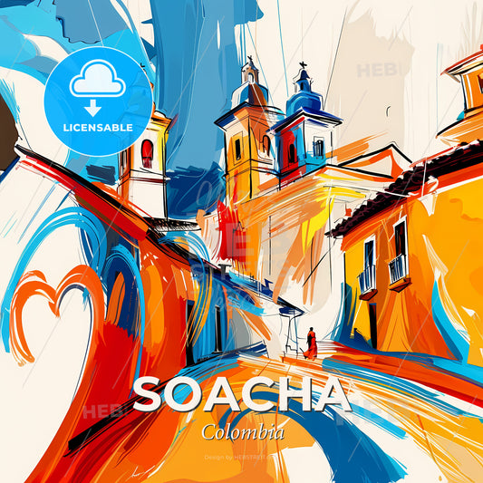 Vibrant Soacha, Colombia - A Painting Of A Building With A Person Standing In Front Of It - Square format print template