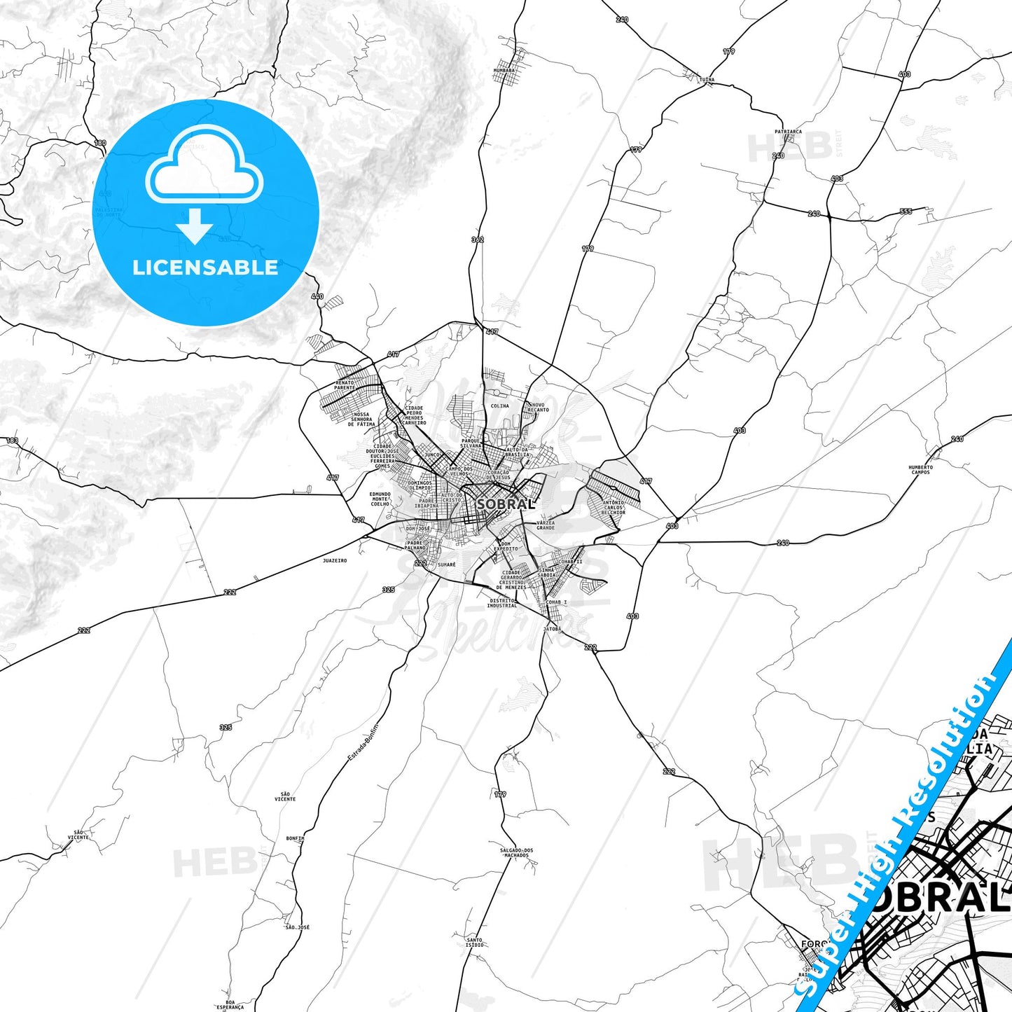 Sobral, Brazil light map with streetnames, citynames and districts