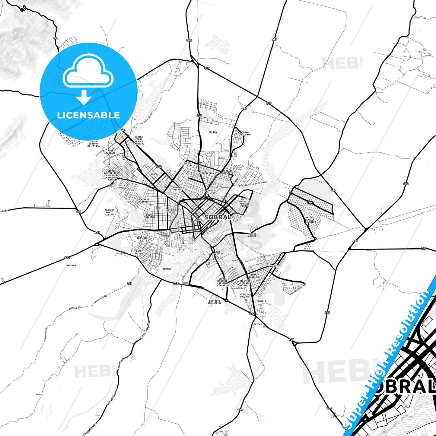 Sobral, Brazil Light Map with Street Names, City Names, and Districts