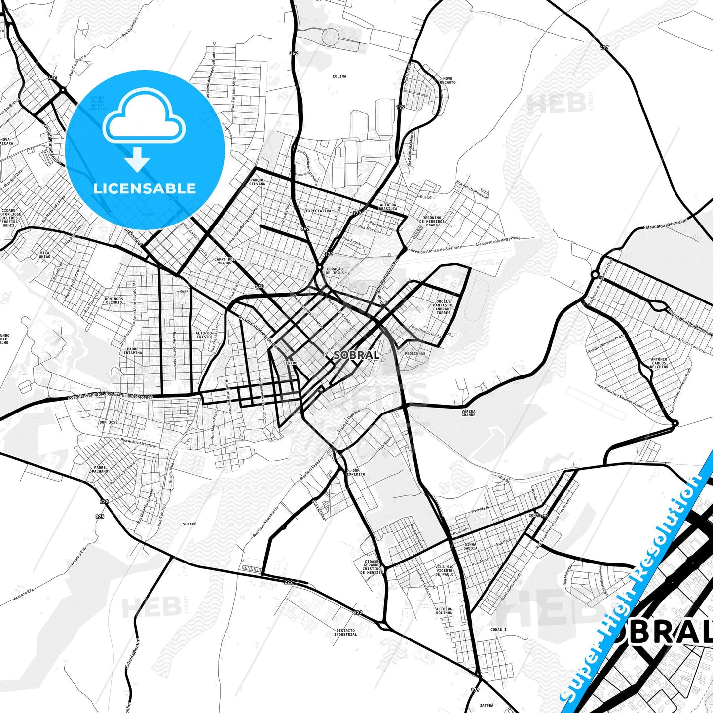 Sobral, Brazil Light Map with Street Names, City Names, and Districts