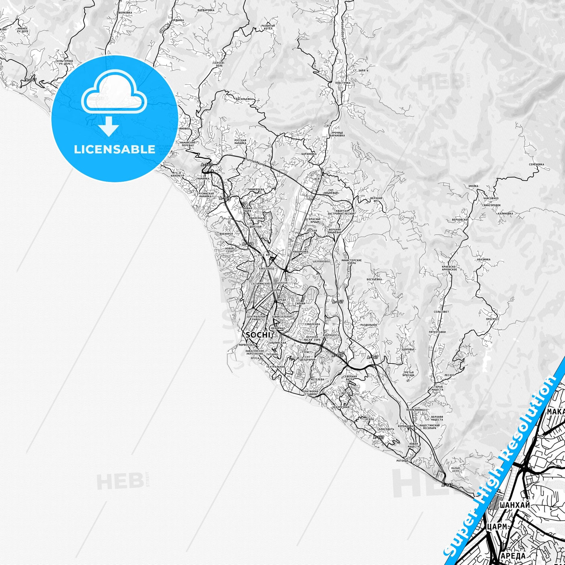Sochi, Russia light map with streetnames, citynames and districts