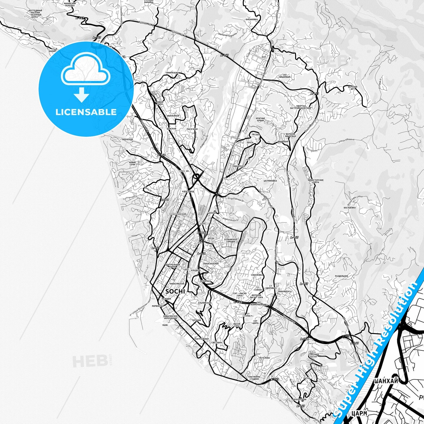 Sochi, Russia Light Map with Street Names, City Names, and Districts