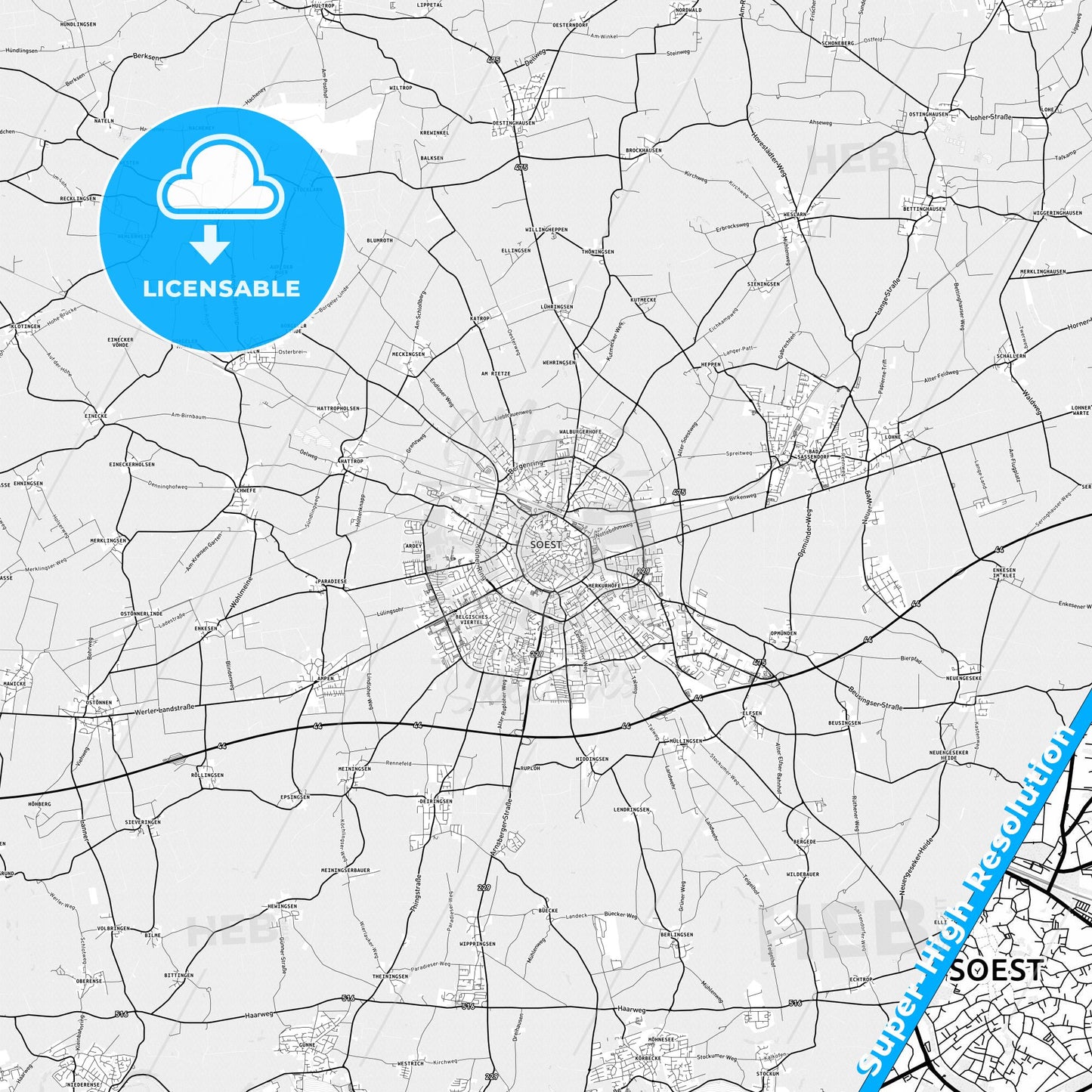 Soest, Germany light map with streetnames, citynames and districts