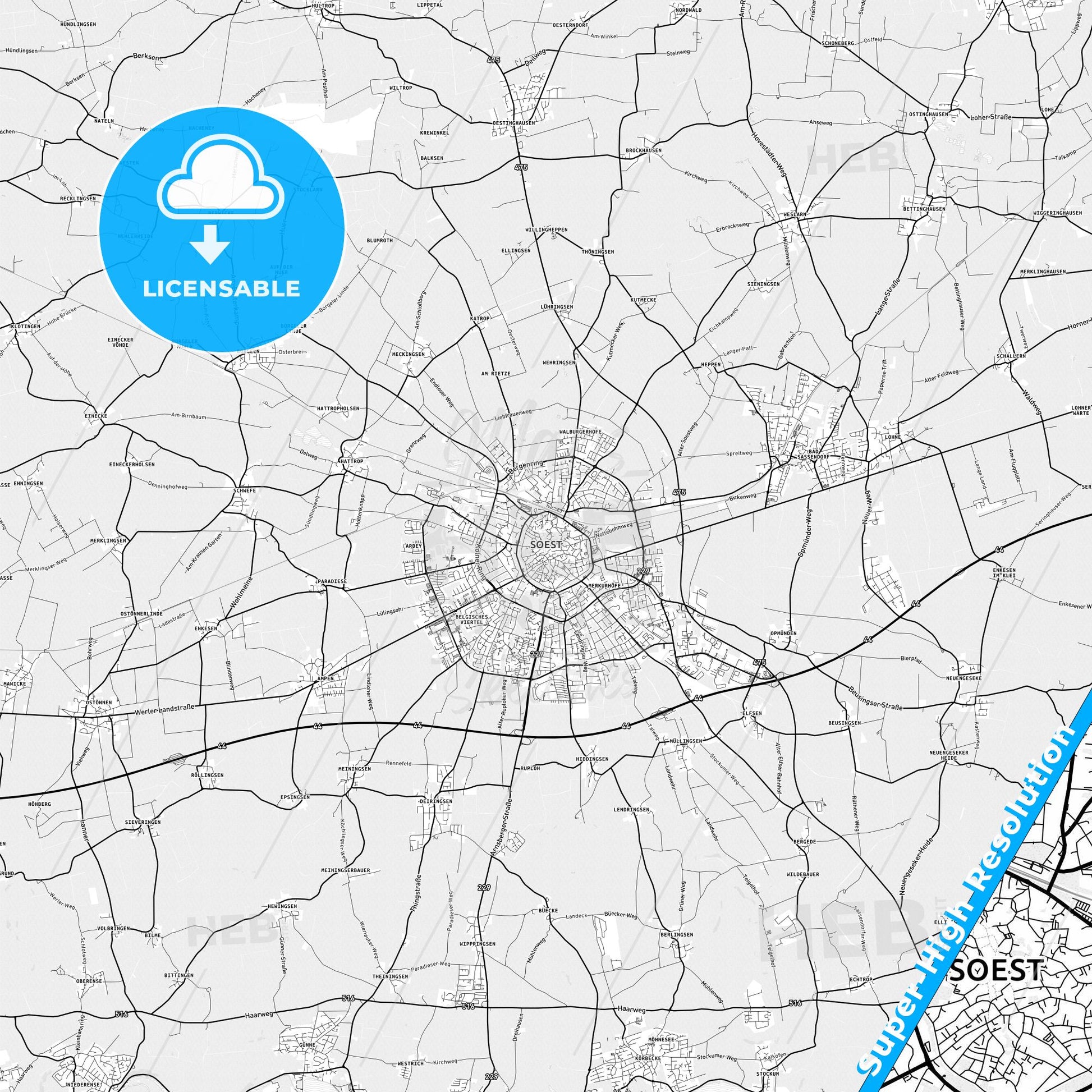 Soest, Germany light map with streetnames, citynames and districts