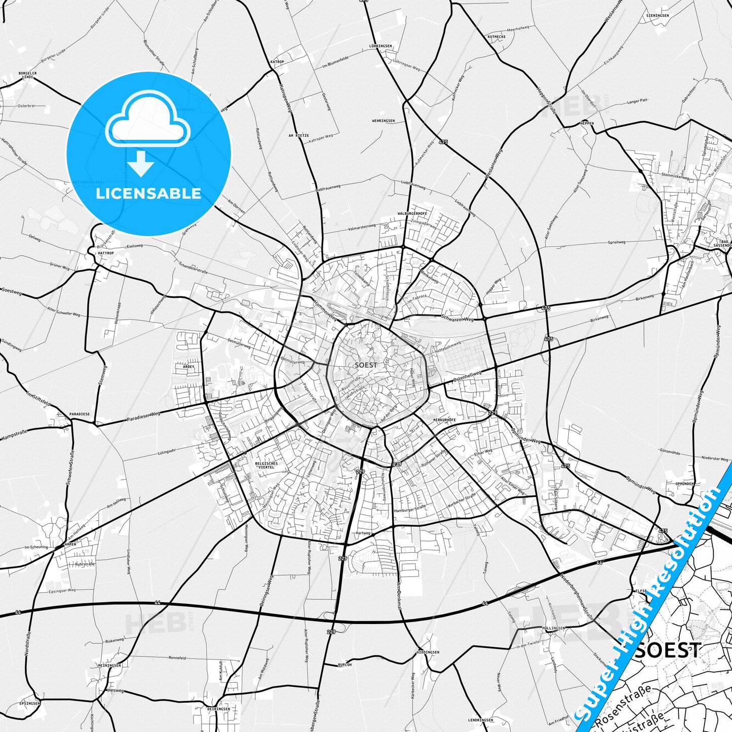 Soest, Germany Light Map with Street Names, City Names, and Districts