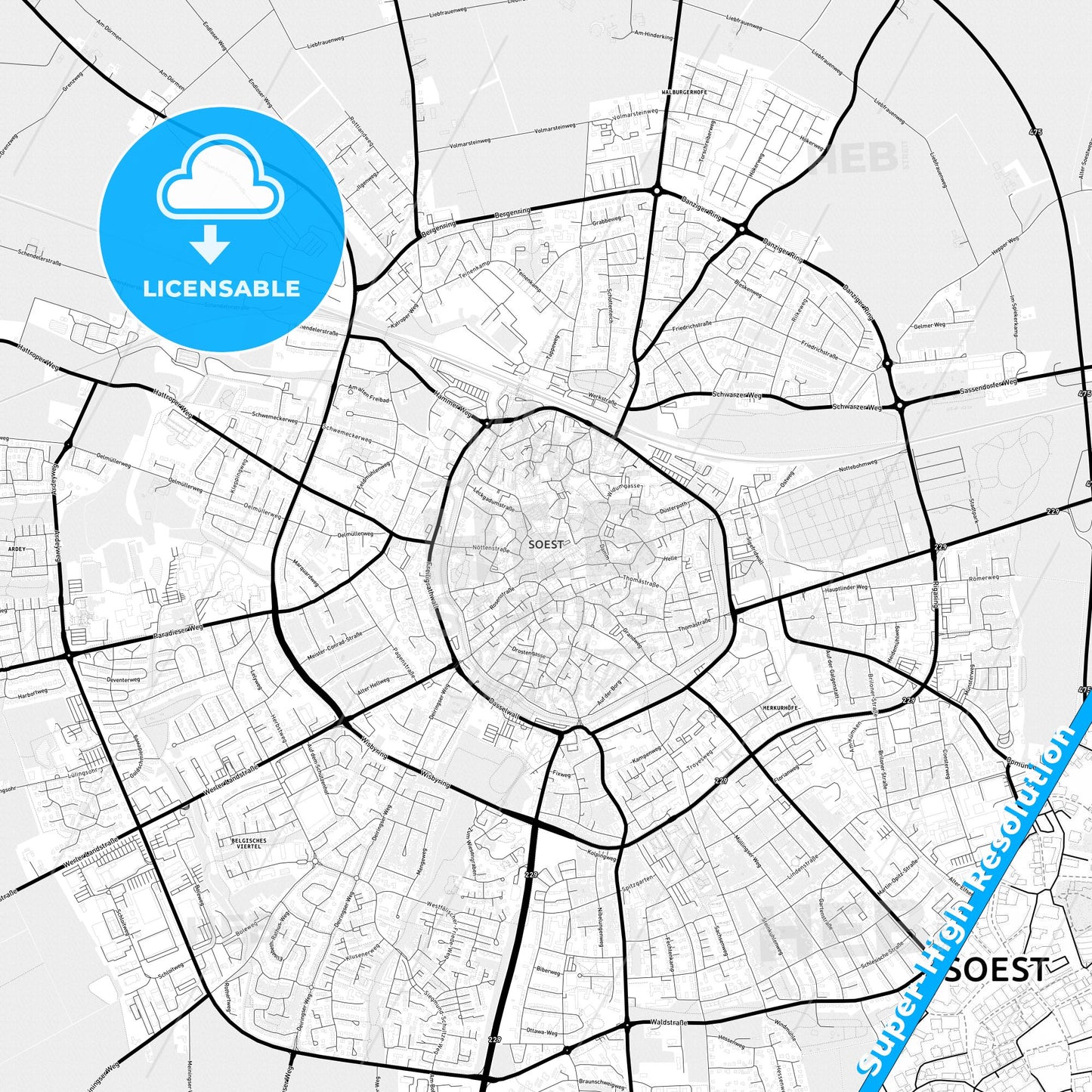 Soest, Germany Light Map with Street Names, City Names, and Districts