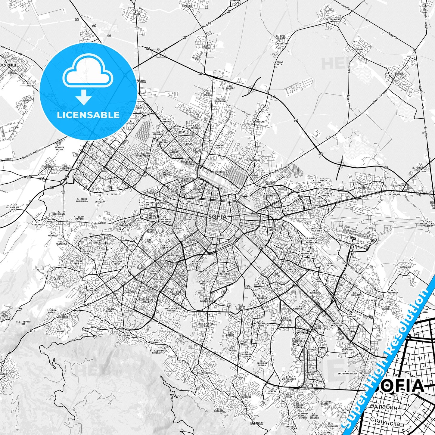 Sofia, Bulgaria light map with streetnames, citynames and districts