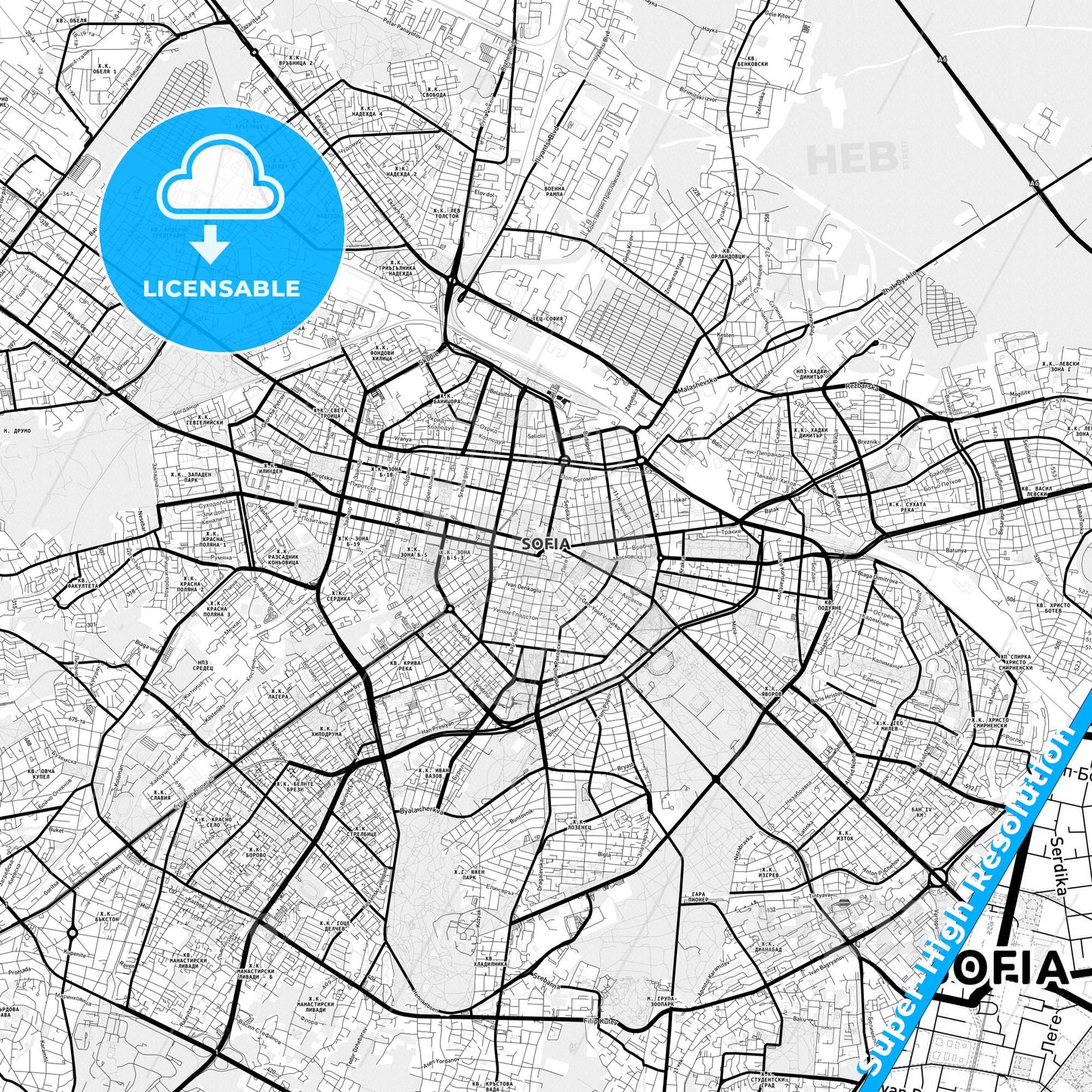 Sofia, Bulgaria Light Map with Street Names, City Names, and Districts