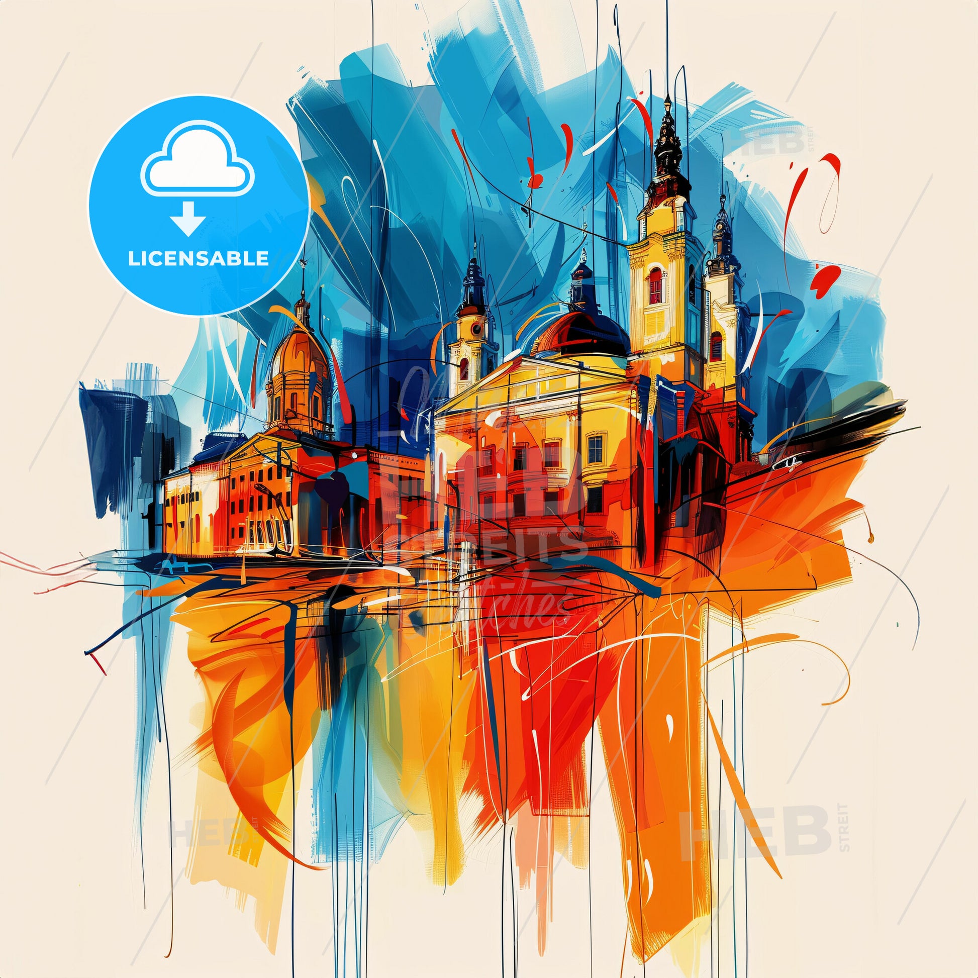 Vibrant София, Bulgaria - A Painting Of A Building With Towers And A Blue And Orange Background