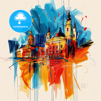 Vibrant София, Bulgaria - A Painting Of A Building With Towers And A Blue And Orange Background