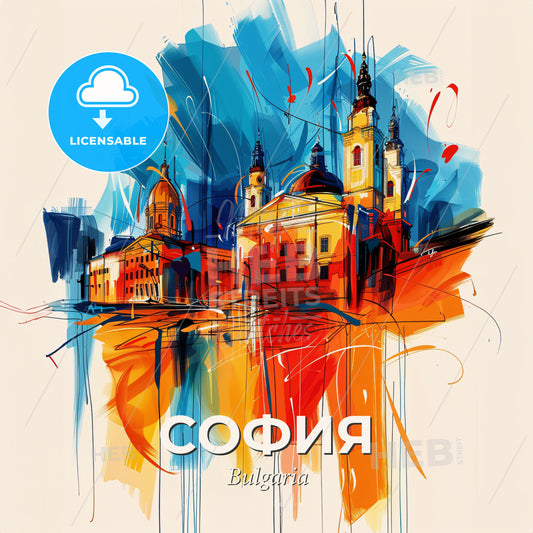 Vibrant София, Bulgaria - A Painting Of A Building With Towers And A Blue And Orange Background - Square format print template