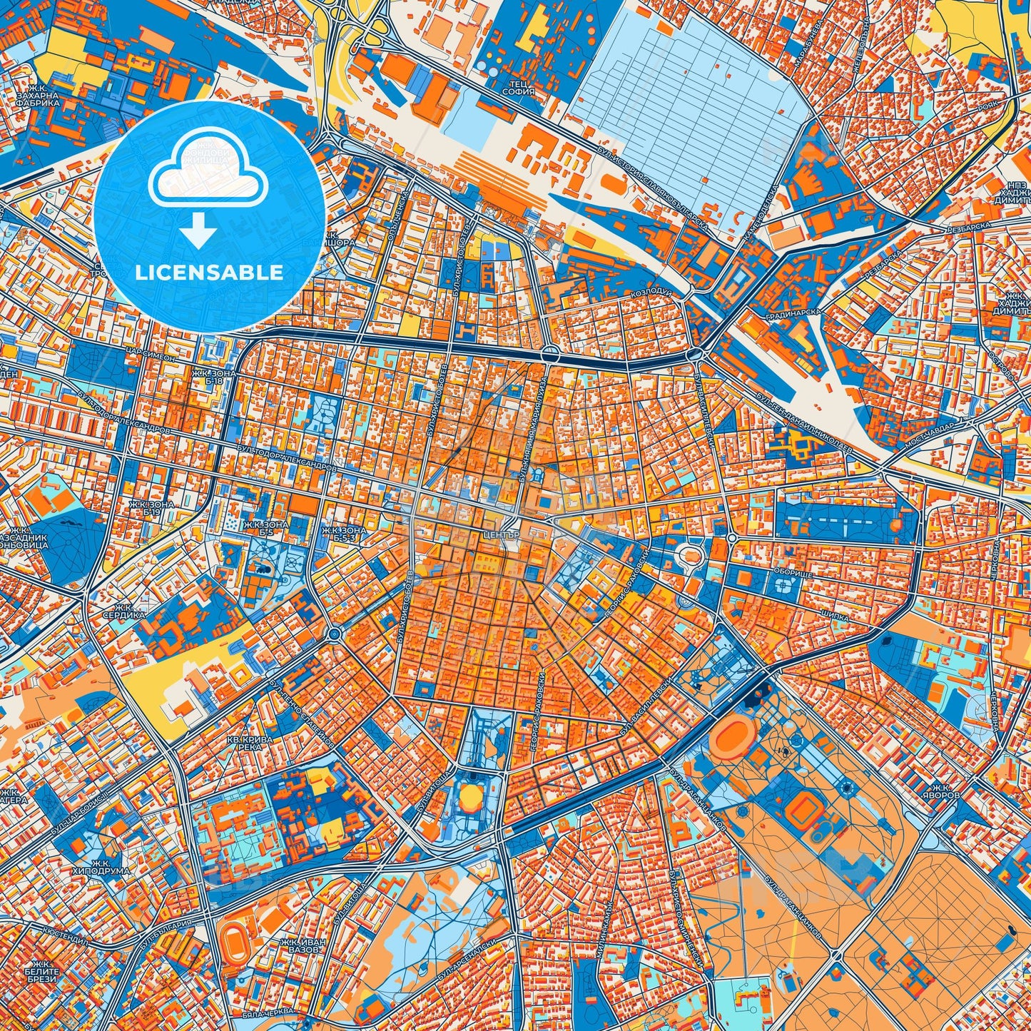 Colorful Sofia Street Map with Labels and Buildings