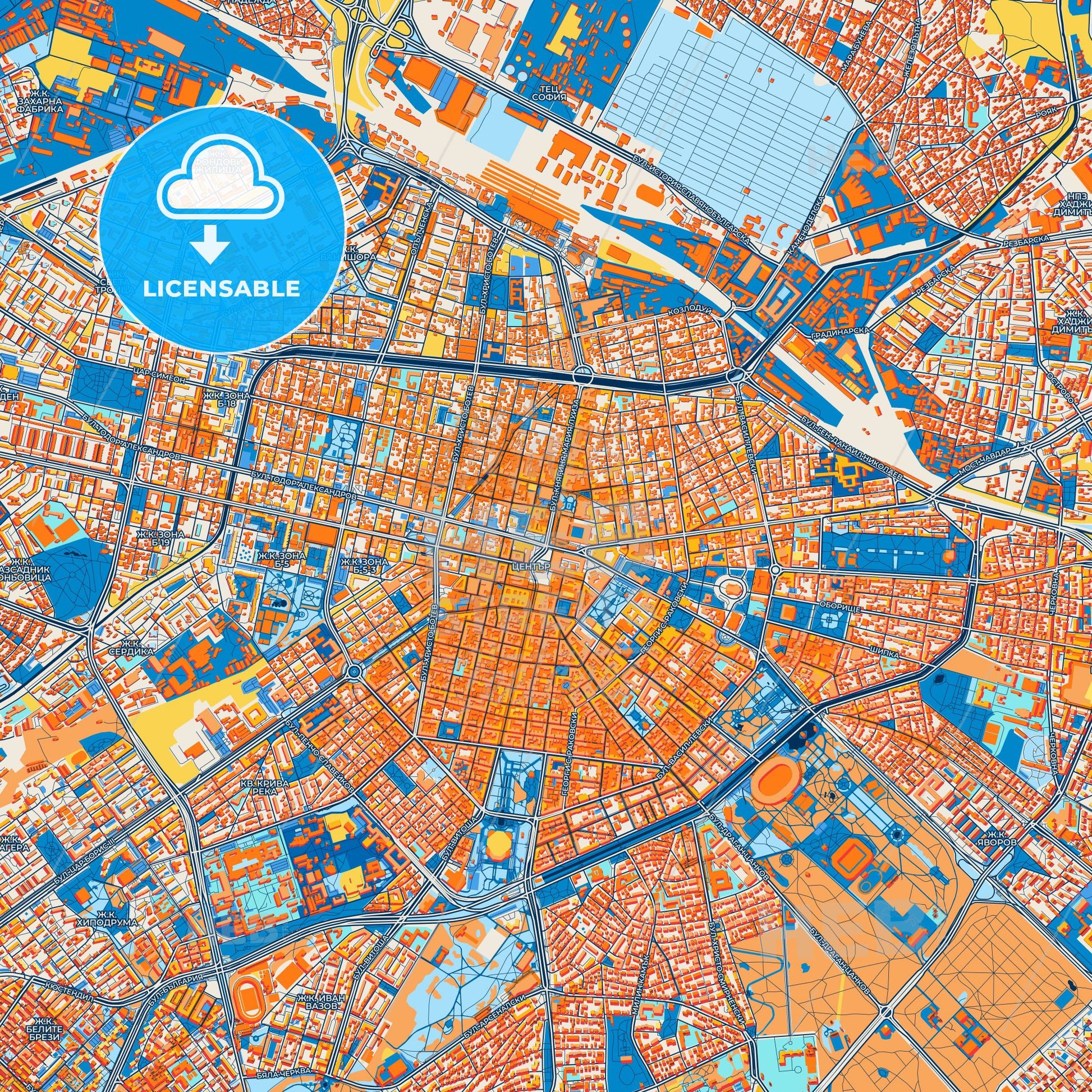 Colorful Sofia Street Map with Labels and Buildings