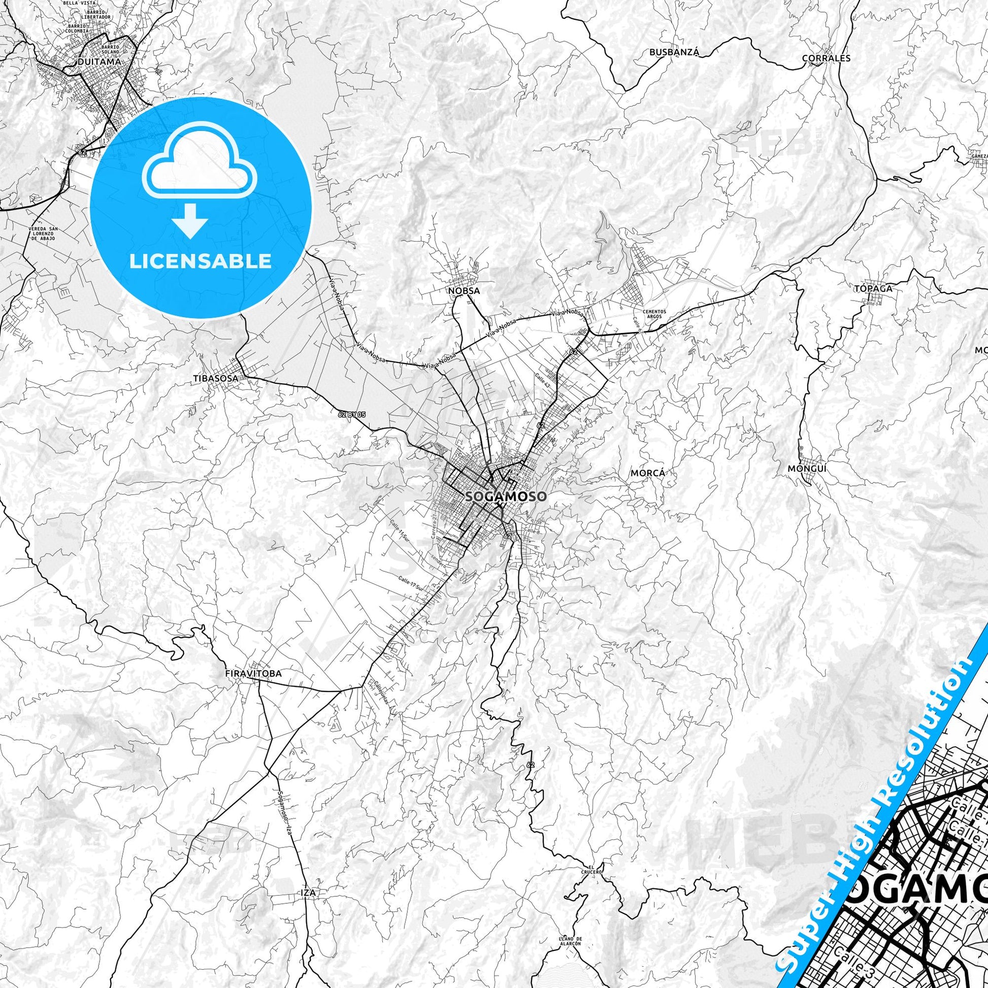 Sogamoso, Colombia light map with streetnames, citynames and districts
