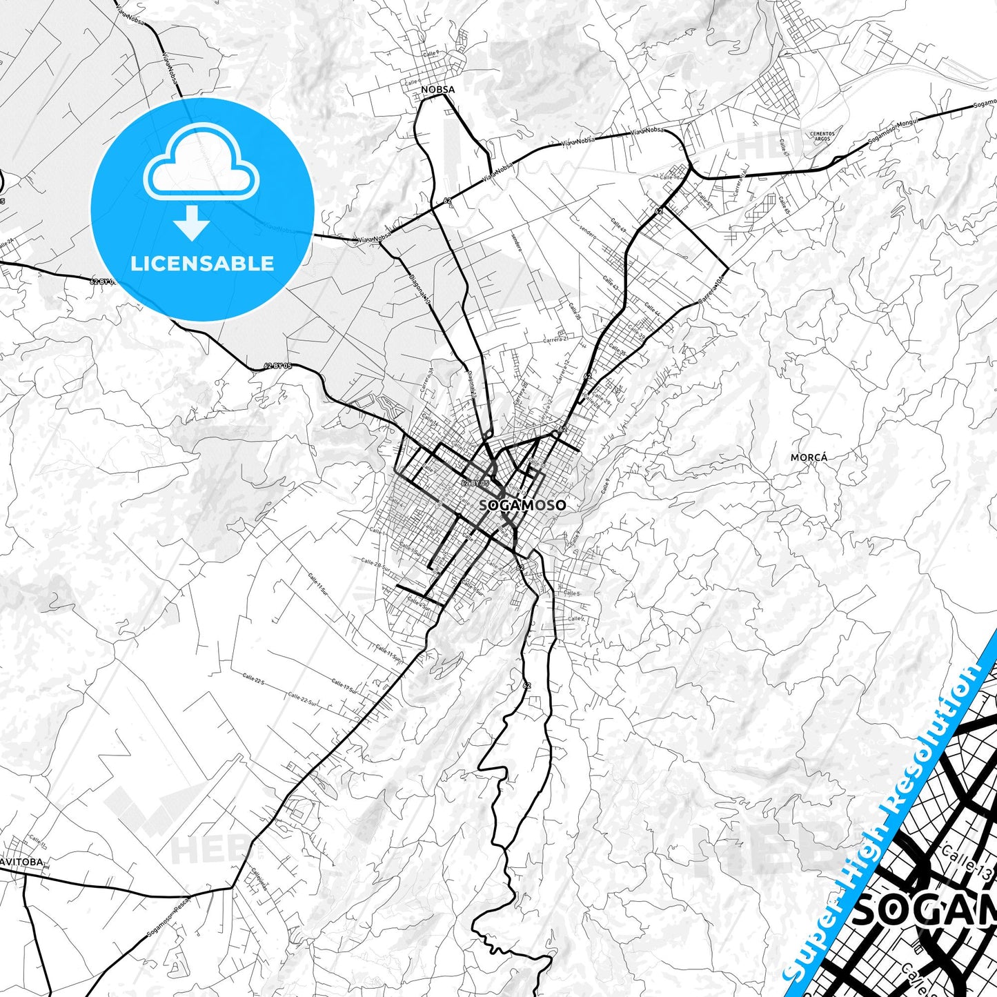 Sogamoso, Colombia Light Map with Street Names, City Names, and Districts