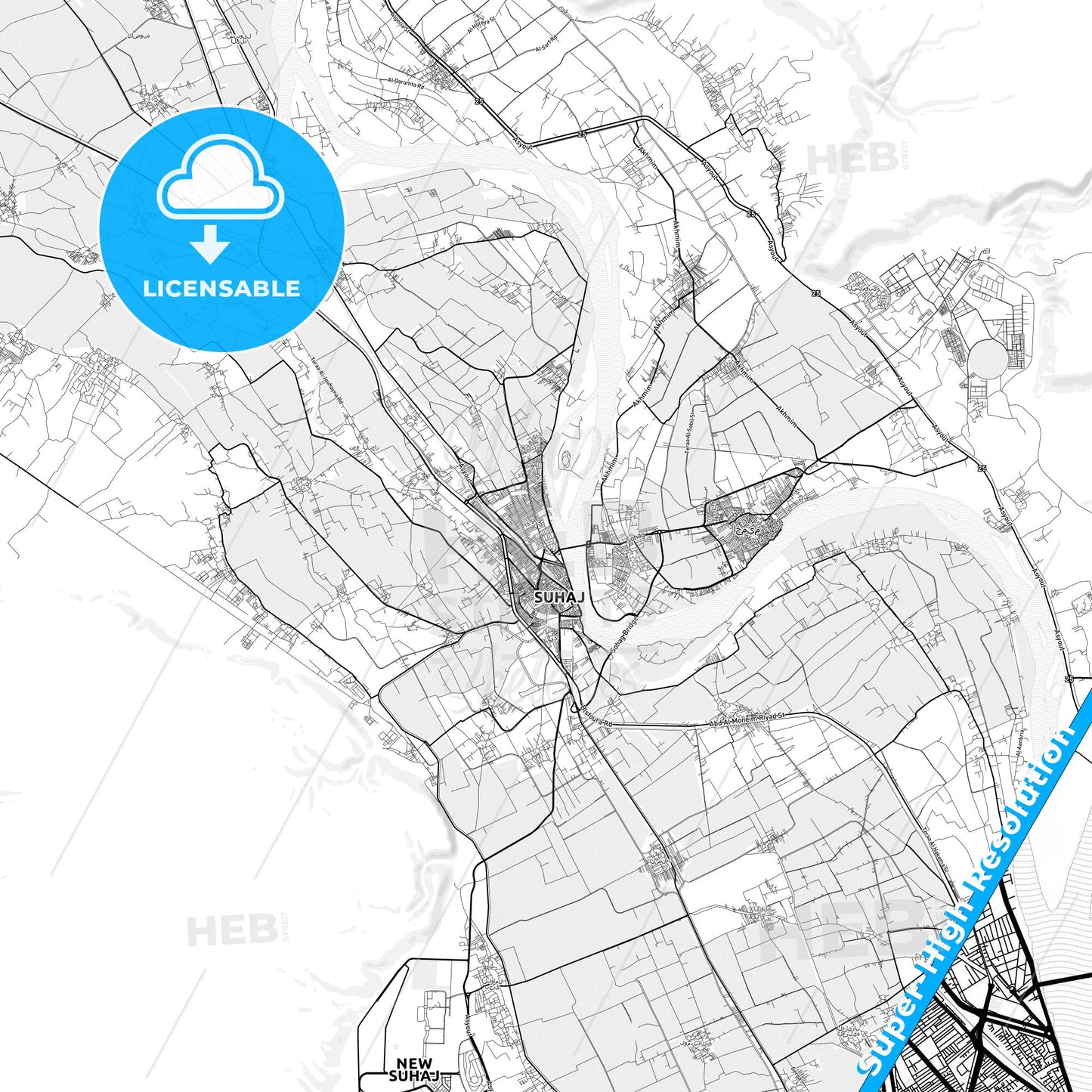 Sohag, Egypt light map with streetnames, citynames and districts