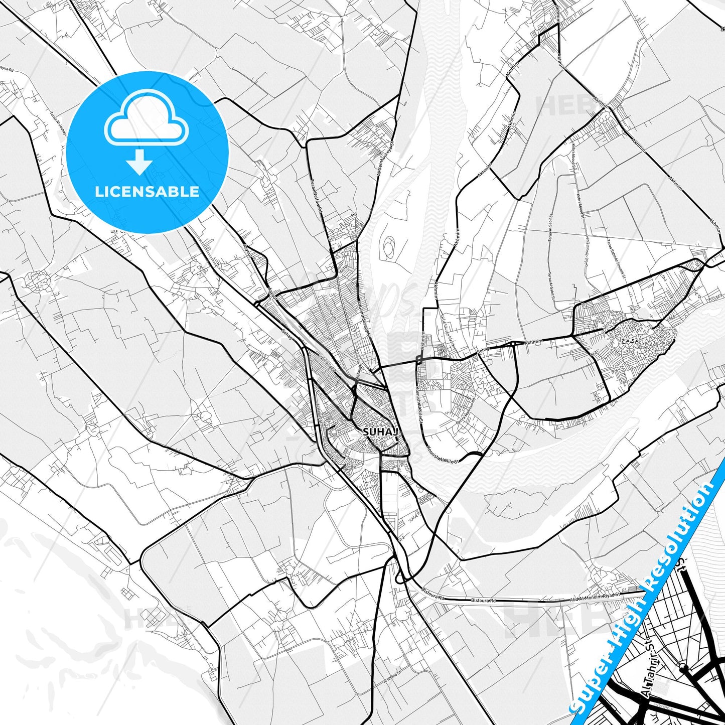 Sohag, Egypt Light Map with Street Names, City Names, and Districts
