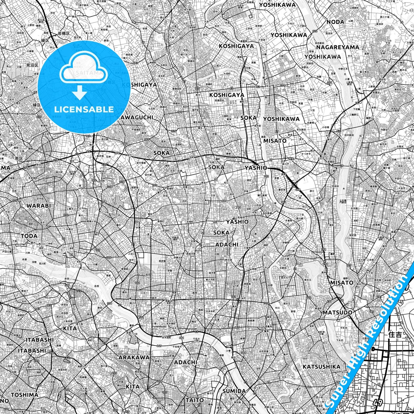 Sōka, Japan light map with streetnames, citynames and districts