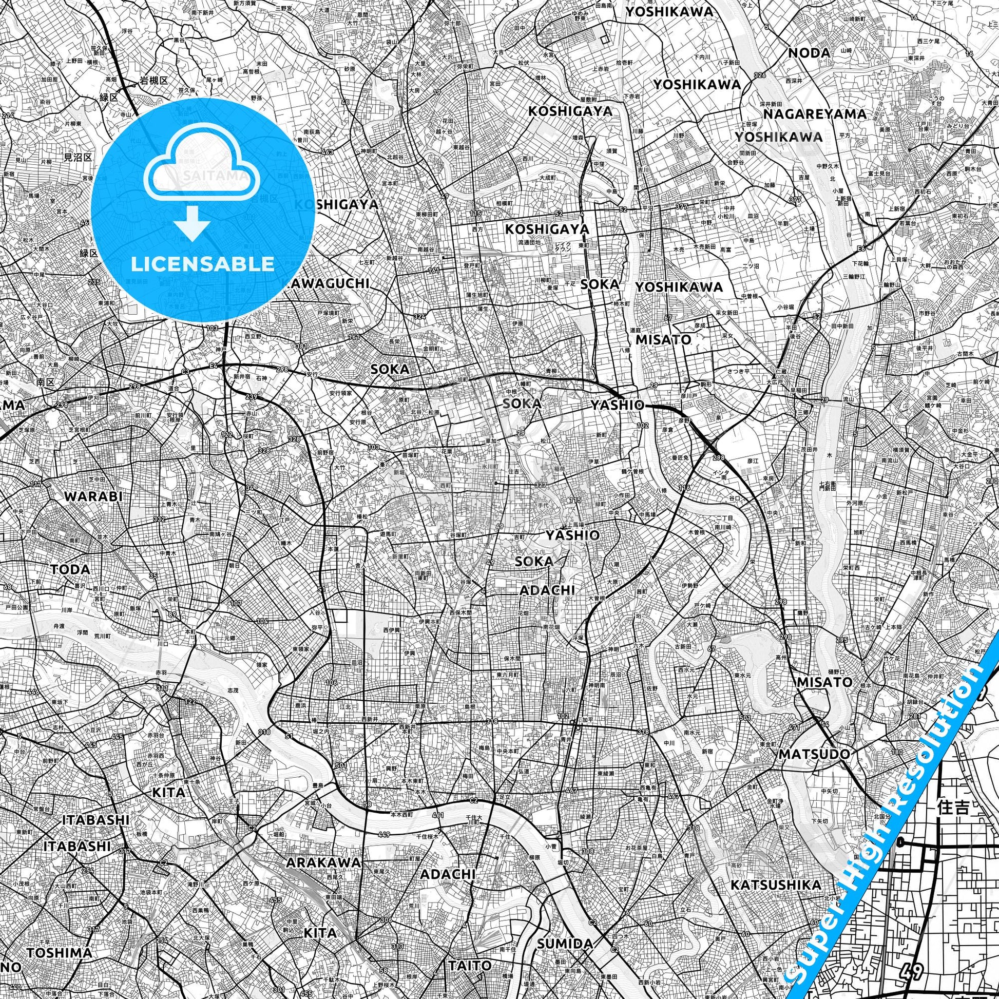 Sōka, Japan light map with streetnames, citynames and districts