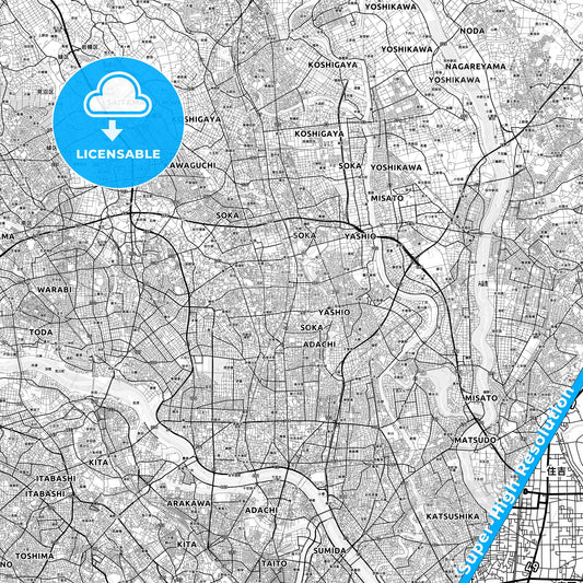 Sōka, Japan light map with streetnames, citynames and districts